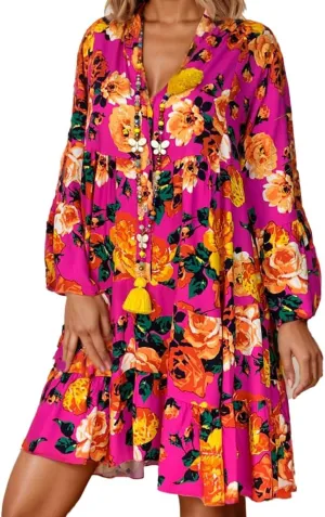 TIAFORD Women V Neck Floral Print Dress Casual Long Sleeve Tiered Boho Flowy Shift Midi Dress Summer Loose Beach Tshirt Dress