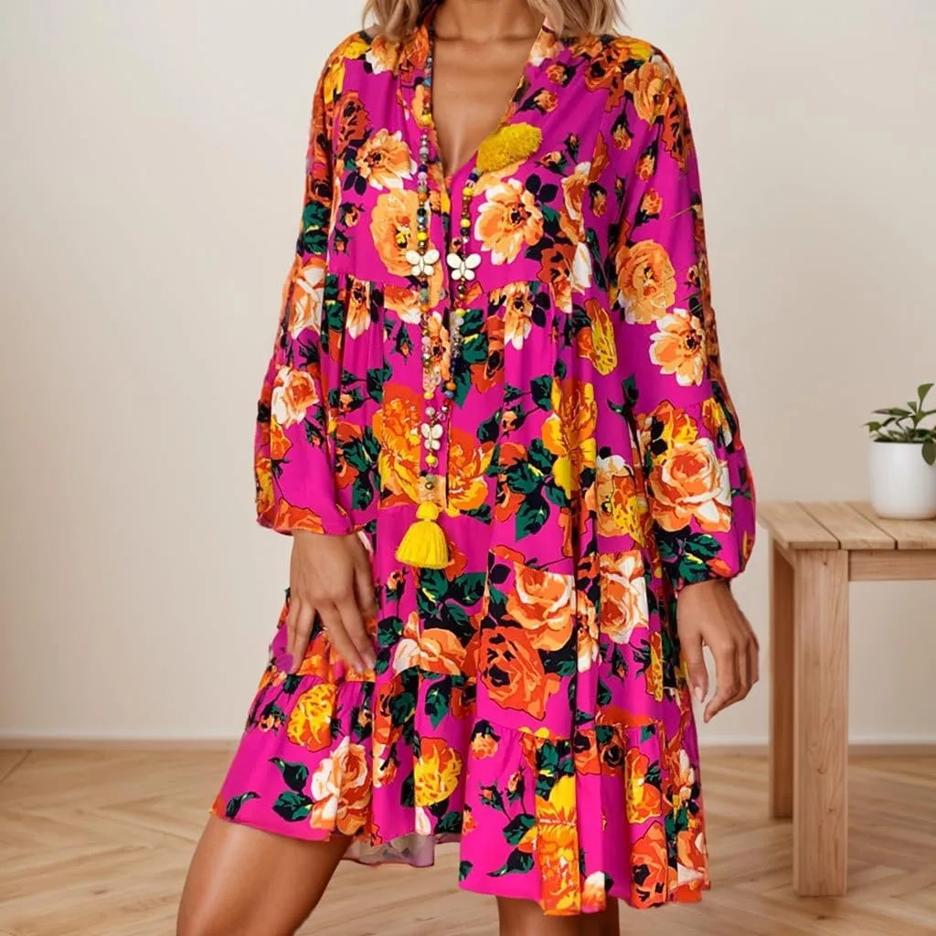 TIAFORD Women V Neck Floral Print Dress Casual Long Sleeve Tiered Boho Flowy Shift Midi Dress Summer Loose Beach Tshirt Dress