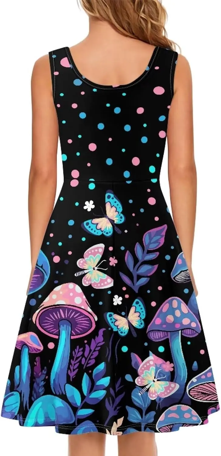 TOADDITDO Summer Sleeveless Tank Dresses Casual Floral Round Neck A-Line Tunic Dress Beach Party Mini Sundress with Pockets