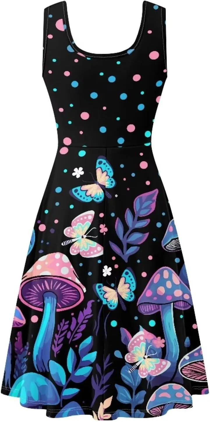 TOADDITDO Summer Sleeveless Tank Dresses Casual Floral Round Neck A-Line Tunic Dress Beach Party Mini Sundress with Pockets
