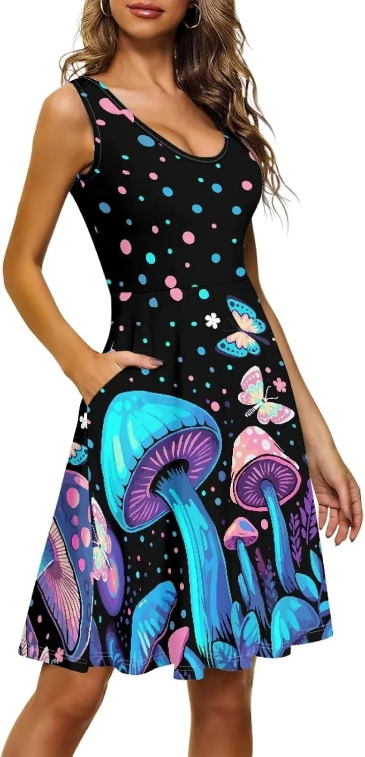 TOADDITDO Summer Sleeveless Tank Dresses Casual Floral Round Neck A-Line Tunic Dress Beach Party Mini Sundress with Pockets