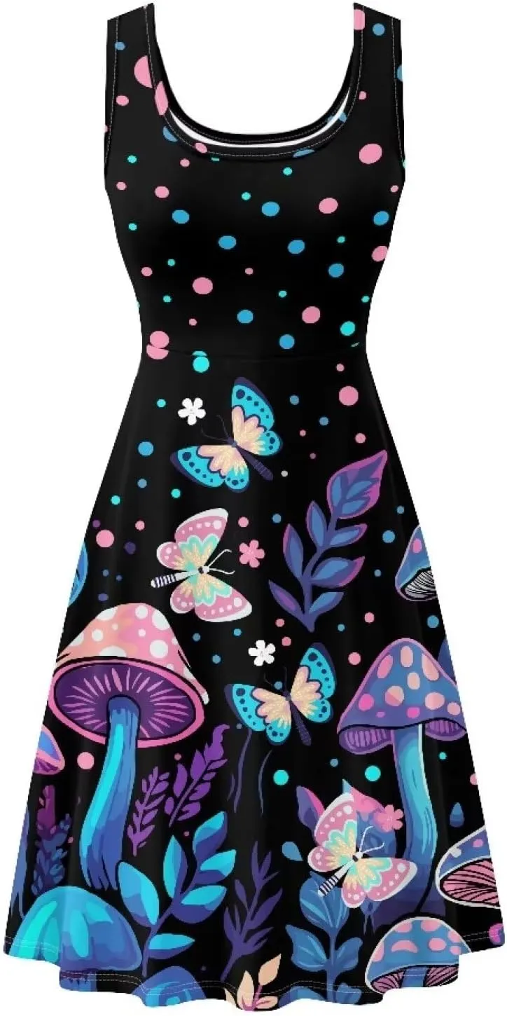 TOADDITDO Summer Sleeveless Tank Dresses Casual Floral Round Neck A-Line Tunic Dress Beach Party Mini Sundress with Pockets