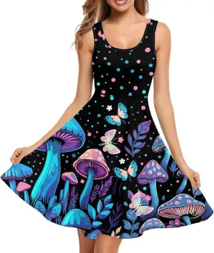 TOADDITDO Summer Sleeveless Tank Dresses Casual Floral Round Neck A-Line Tunic Dress Beach Party Mini Sundress with Pockets