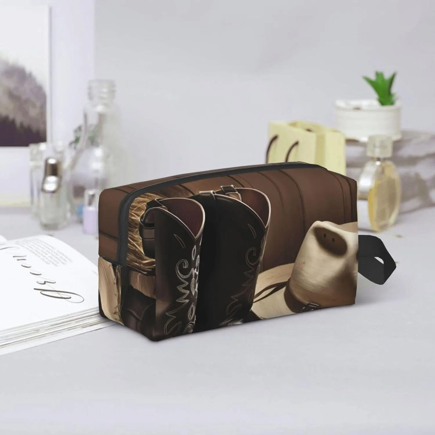 Toiletry Bag for Women Men Dopp Kit Travel Makeup Bag Make Up Organizers Cosmetic Bag Black Hat Western Boots Hanging Toiletry Bag Shaving Bag with Large Capacity for Travel