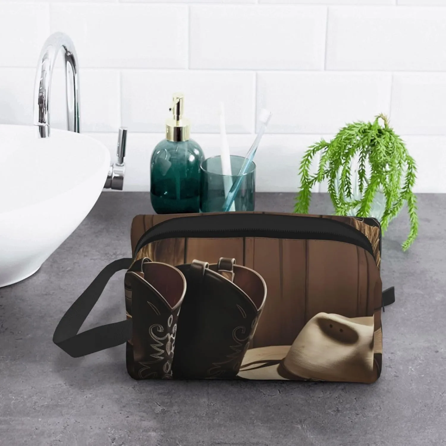 Toiletry Bag for Women Men Dopp Kit Travel Makeup Bag Make Up Organizers Cosmetic Bag Black Hat Western Boots Hanging Toiletry Bag Shaving Bag with Large Capacity for Travel