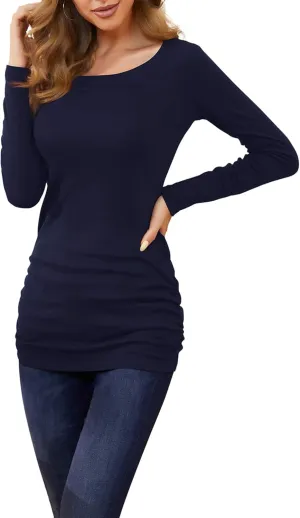 TORARY Women's 2024 Casual Long Sleeves Slim Fit Crew Neck Ruched Tunic Top T-Shirt Dress