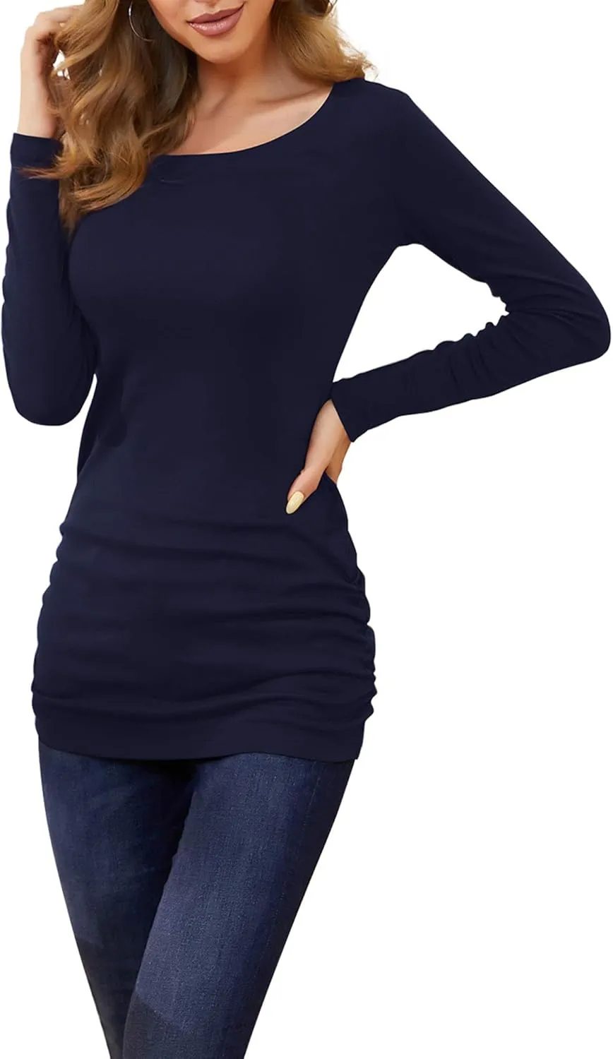 TORARY Women's 2024 Casual Long Sleeves Slim Fit Crew Neck Ruched Tunic Top T-Shirt Dress