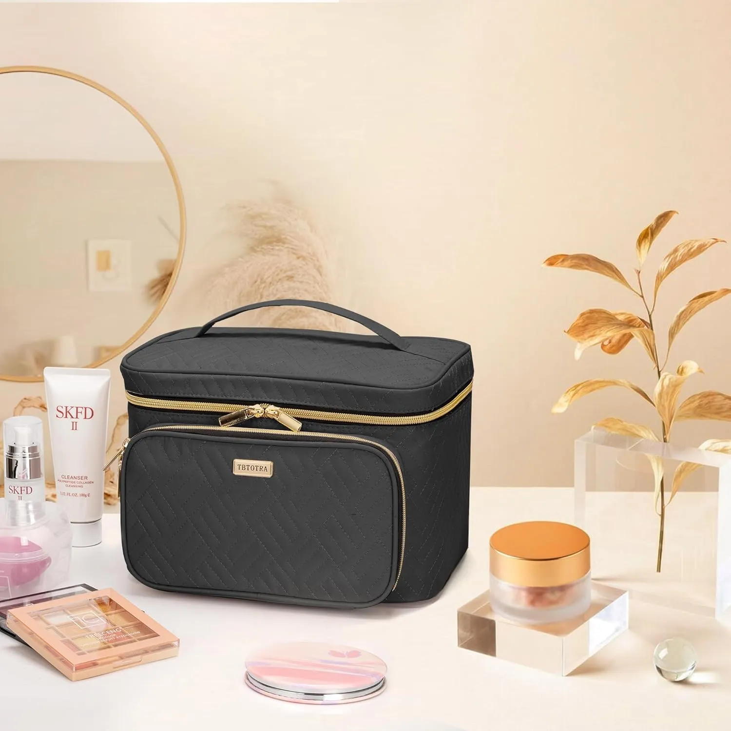 Travel Cosmetic Organizer Bag - Large Makeup Case with Jewelry Storage, Waterproof Toiletry Box for Cosmetics, Brushes, and Tools, Black