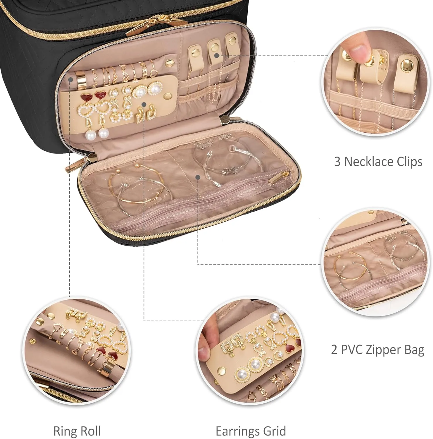 Travel Cosmetic Organizer Bag - Large Makeup Case with Jewelry Storage, Waterproof Toiletry Box for Cosmetics, Brushes, and Tools, Black