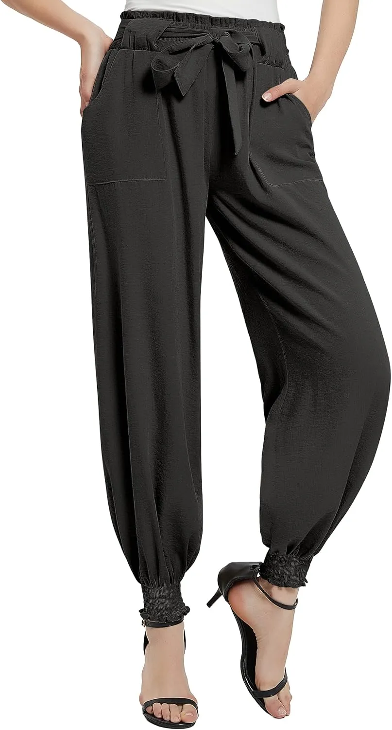 Urban CoCo Women's Paper Bag High Waist Belted Ruffle Work Pants with Pockets