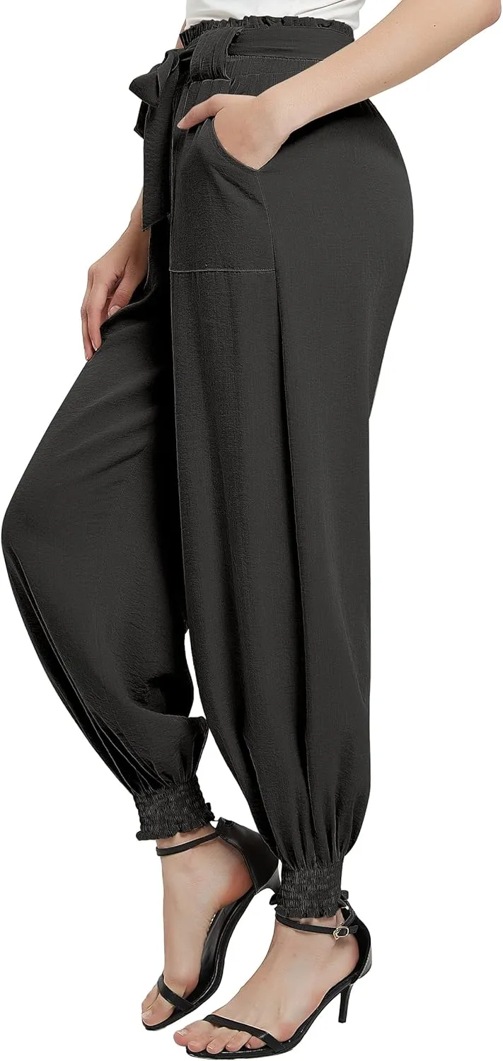 Urban CoCo Women's Paper Bag High Waist Belted Ruffle Work Pants with Pockets