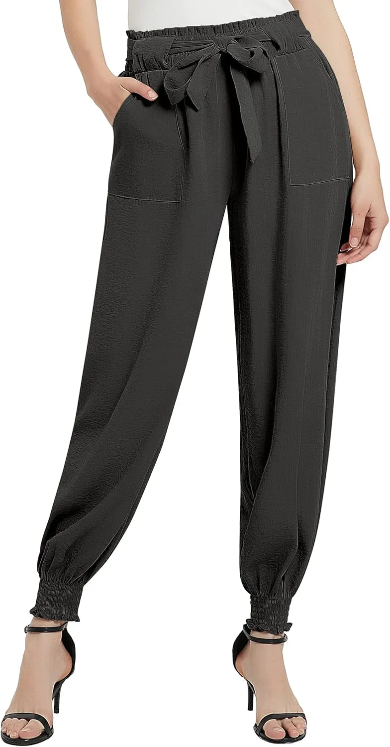 Urban CoCo Women's Paper Bag High Waist Belted Ruffle Work Pants with Pockets