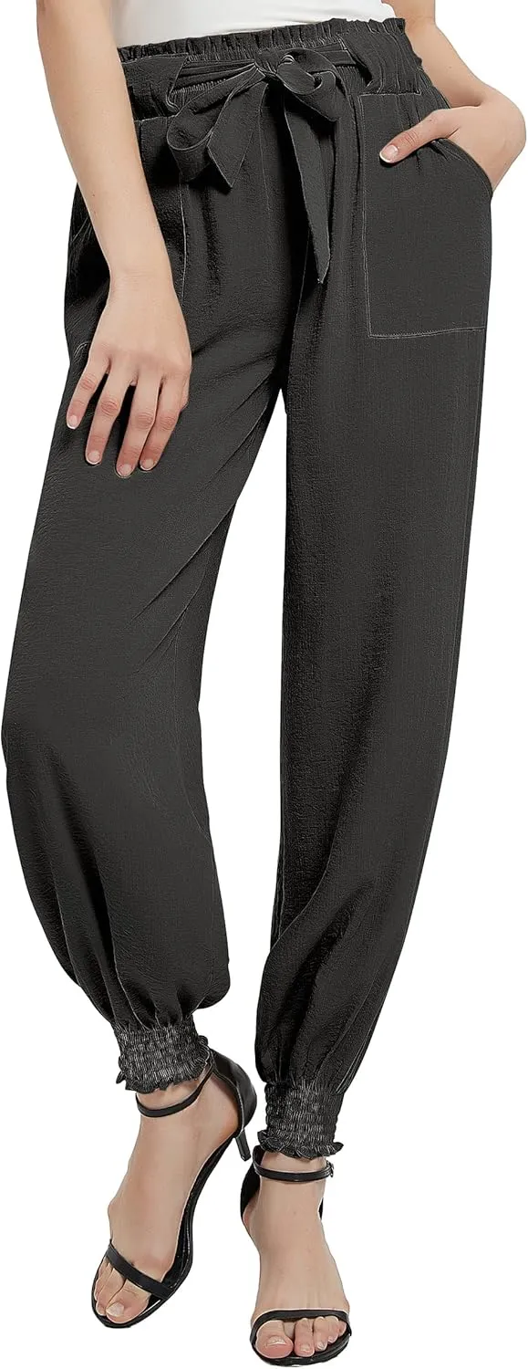 Urban CoCo Women's Paper Bag High Waist Belted Ruffle Work Pants with Pockets