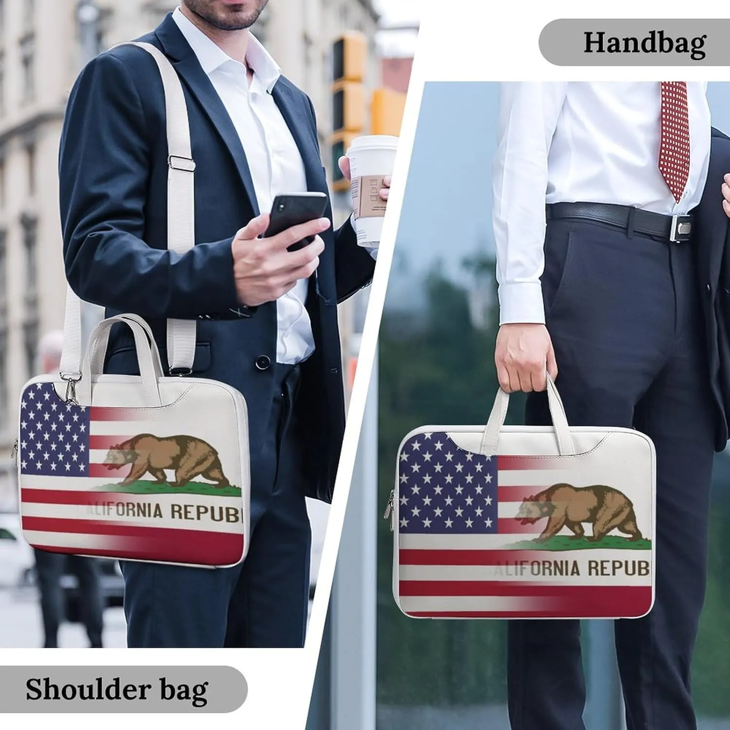 U.S.A California State Flag Leather Bag Laptop Case Slim Water Resistant Computer Bags with Handle Briefcase for Work