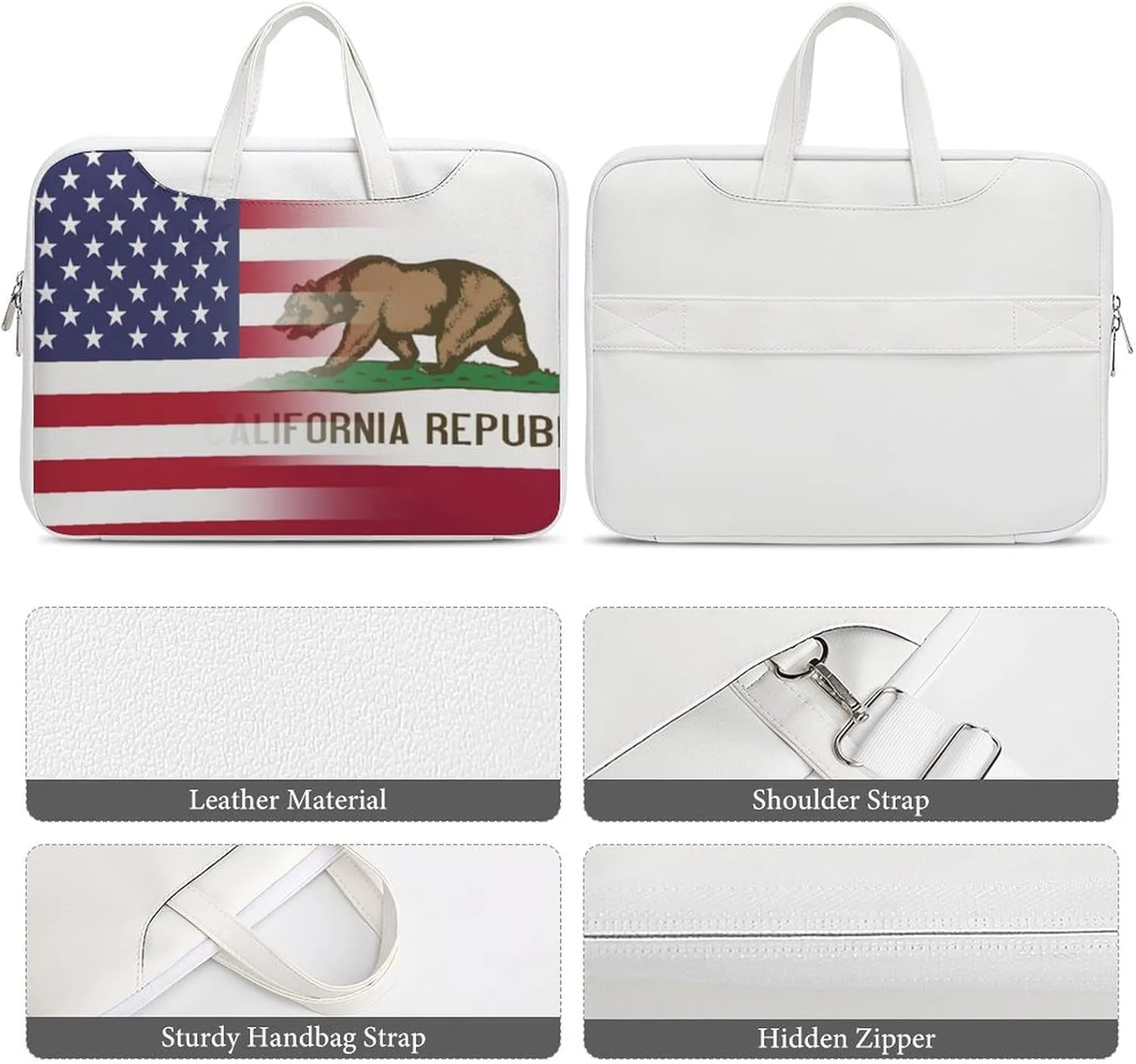 U.S.A California State Flag Leather Bag Laptop Case Slim Water Resistant Computer Bags with Handle Briefcase for Work