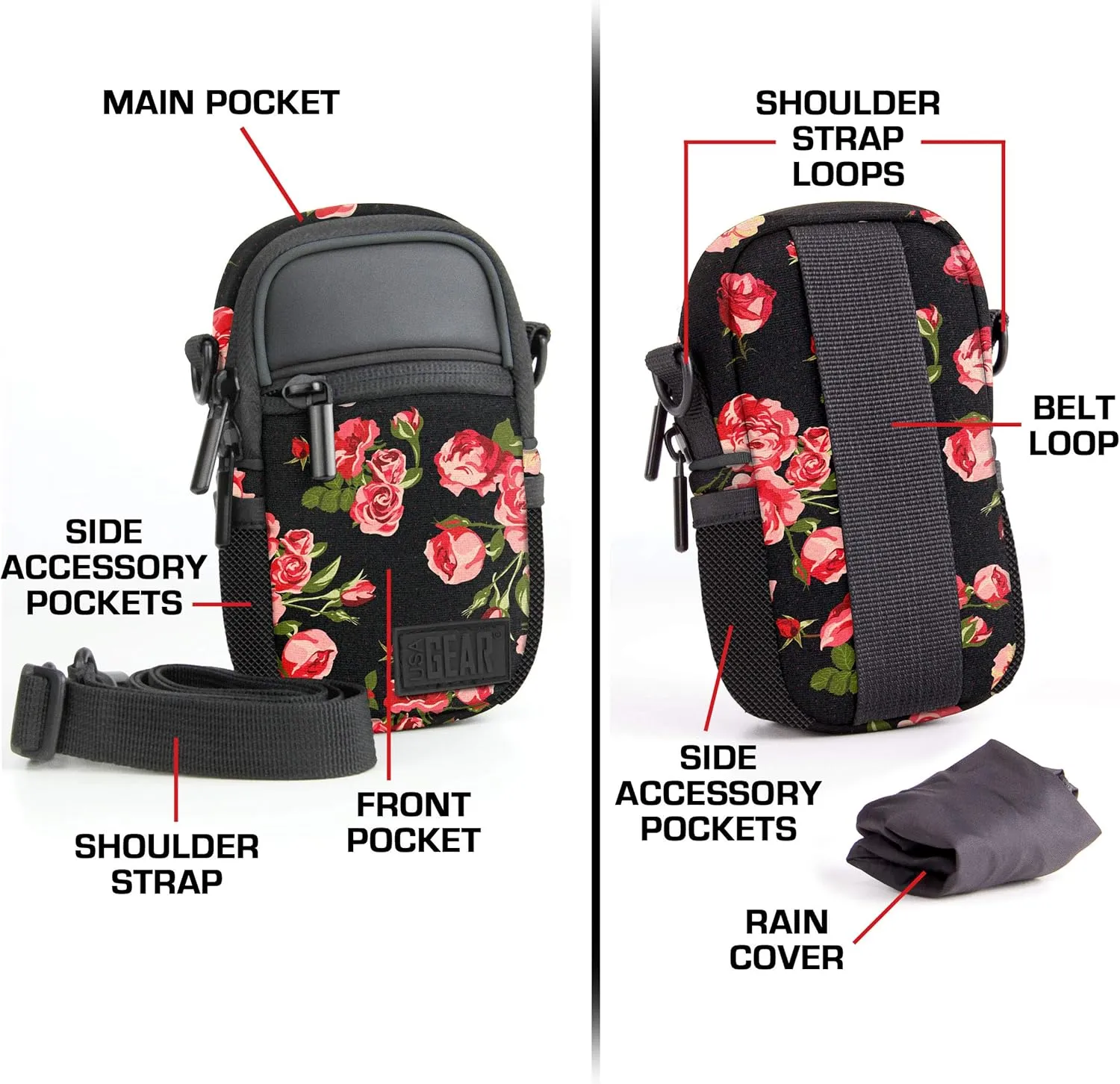 USA Gear Compact Camera Case Point & Shoot Camera Bag with Accessory Pockets, Rain Cover & Shoulder Strap Works W/Sony CyberShot, Canon PowerShot ELPH, Nikon COOLPIX, Olympus & More