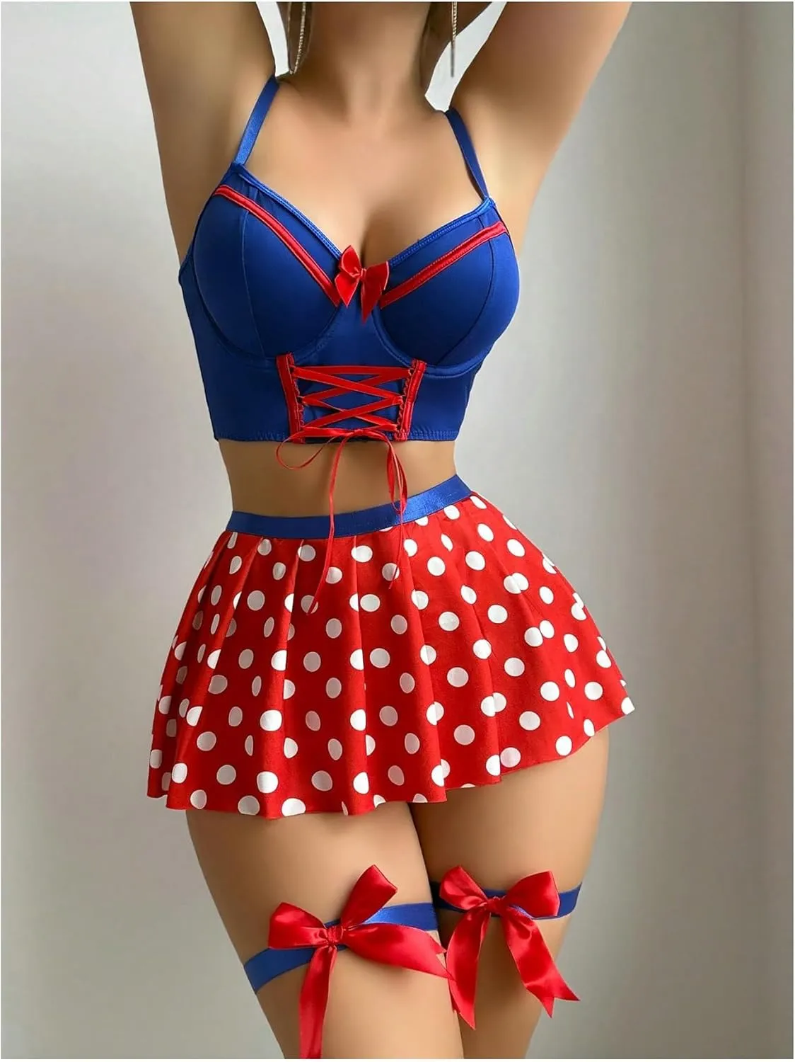 Verdusa Women's 5 Piece Lingerie Set Bow Tie Camisole Polka Dots Pleated Skirt and Thong with Garter