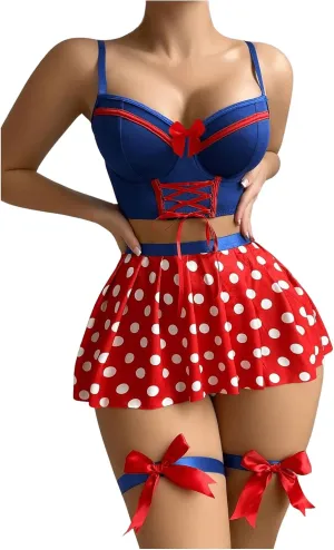 Verdusa Women's 5 Piece Lingerie Set Bow Tie Camisole Polka Dots Pleated Skirt and Thong with Garter