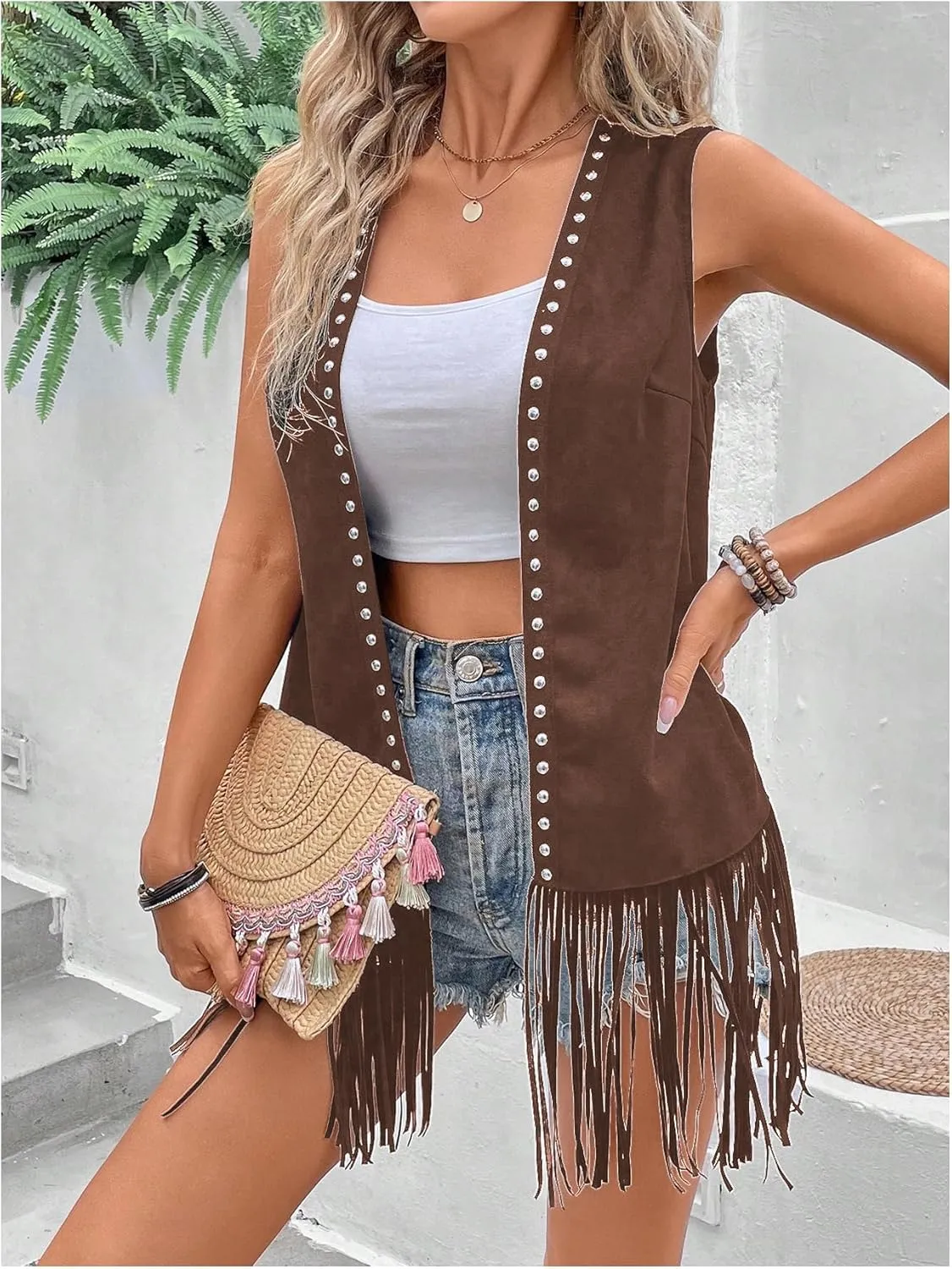 Verdusa Women's Fringe Vest Cardigan 70s Hippie Rivets Tassel Sleeveless Studded Jacket