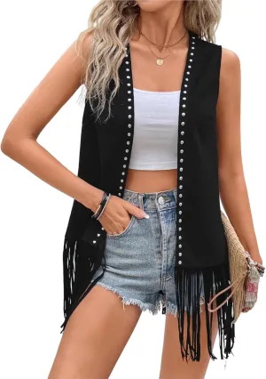 Verdusa Women's Fringe Vest Cardigan 70s Hippie Rivets Tassel Sleeveless Studded Jacket