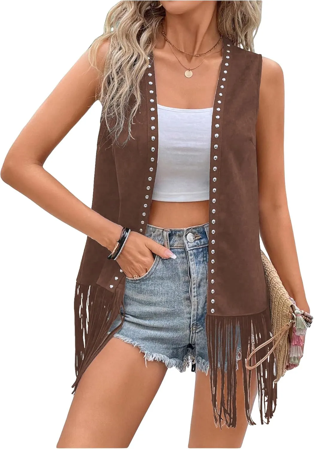 Verdusa Women's Fringe Vest Cardigan 70s Hippie Rivets Tassel Sleeveless Studded Jacket