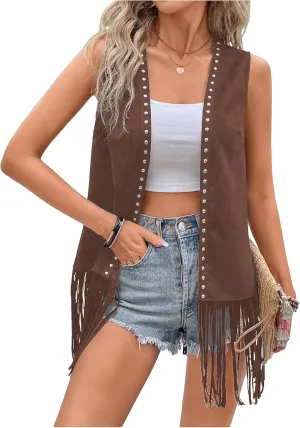 Verdusa Women's Fringe Vest Cardigan 70s Hippie Rivets Tassel Sleeveless Studded Jacket