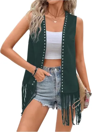Verdusa Women's Fringe Vest Cardigan 70s Hippie Rivets Tassel Sleeveless Studded Jacket