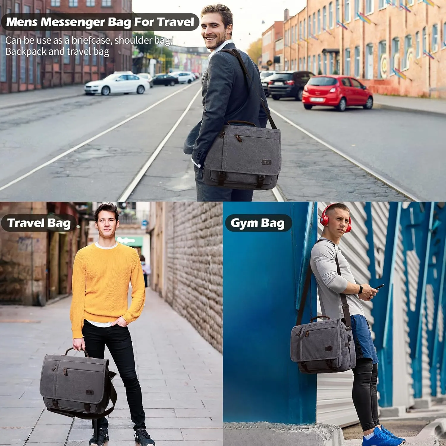 Vintage Messenger Bag 15.6 Inch Waterproof Genuine Leather Waxed Canvas Briefcase Large Leather Computer Laptop Bag