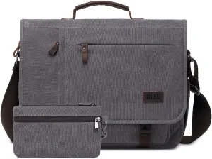 Vintage Messenger Bag 15.6 Inch Waterproof Genuine Leather Waxed Canvas Briefcase Large Leather Computer Laptop Bag