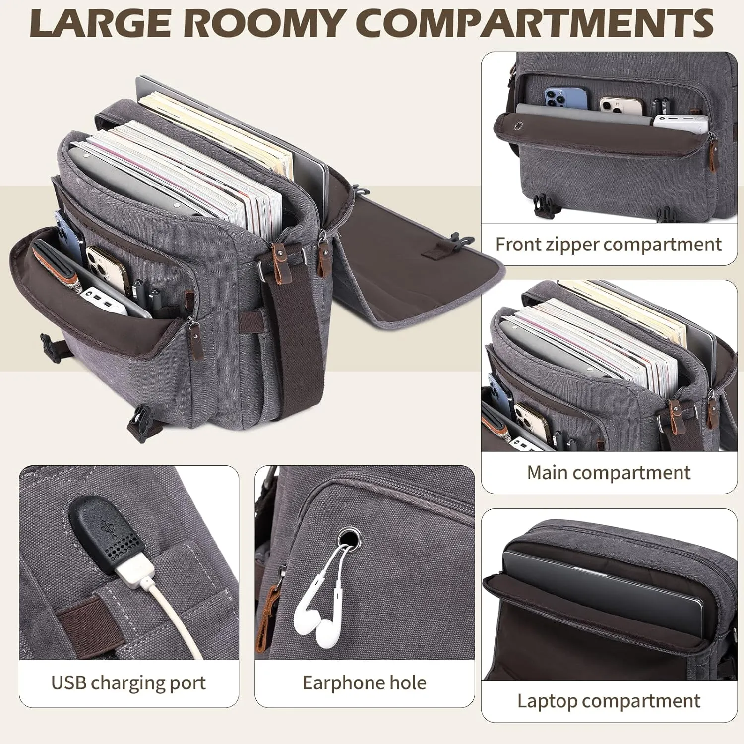 Vintage Messenger Bag 15.6 Inch Waterproof Genuine Leather Waxed Canvas Briefcase Large Leather Computer Laptop Bag