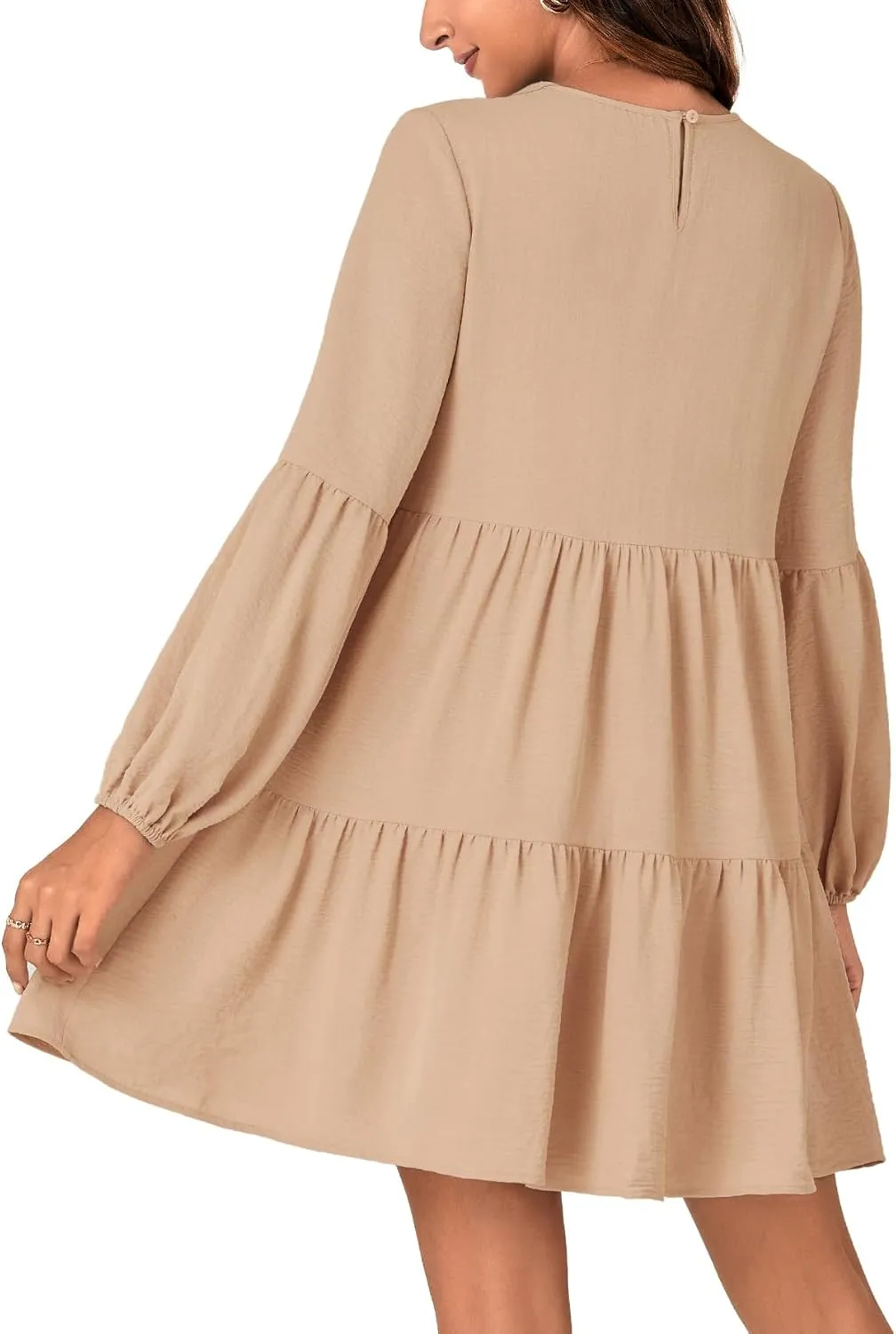 Vrtige Women's Round Neck Long Sleeve Tiered Ruffle Swing A Line Mini Babydoll Dress