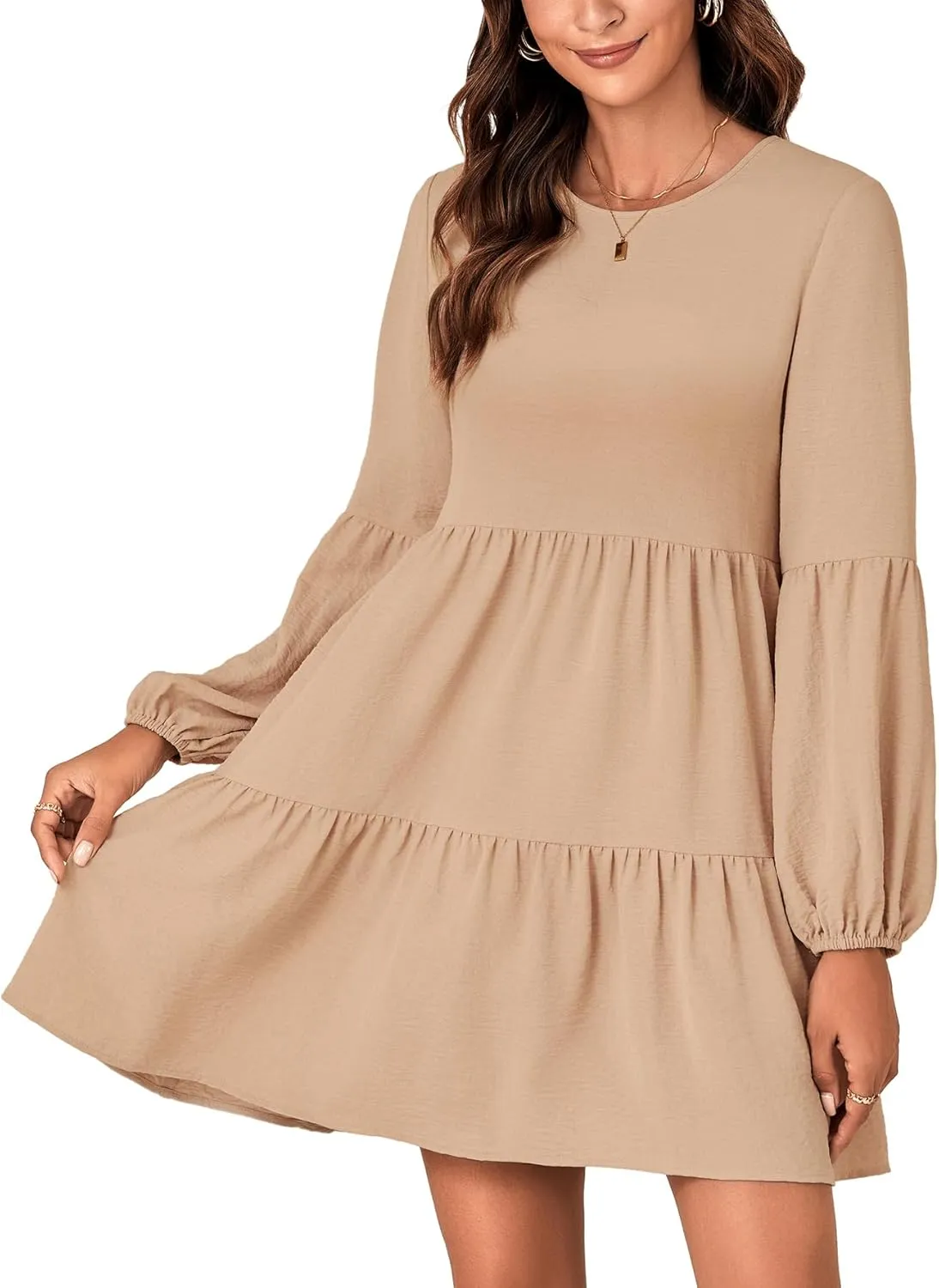 Vrtige Women's Round Neck Long Sleeve Tiered Ruffle Swing A Line Mini Babydoll Dress