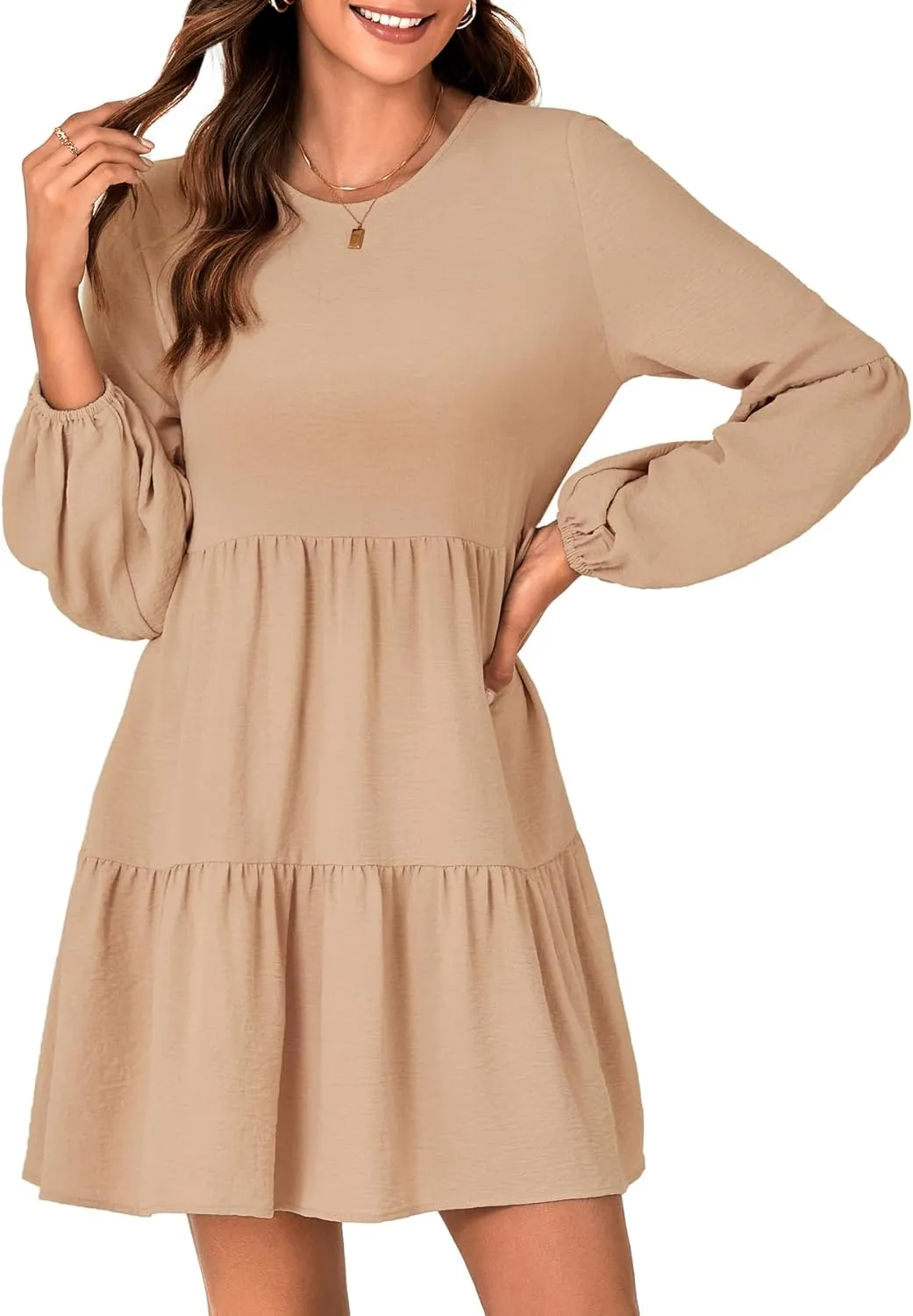 Vrtige Women's Round Neck Long Sleeve Tiered Ruffle Swing A Line Mini Babydoll Dress
