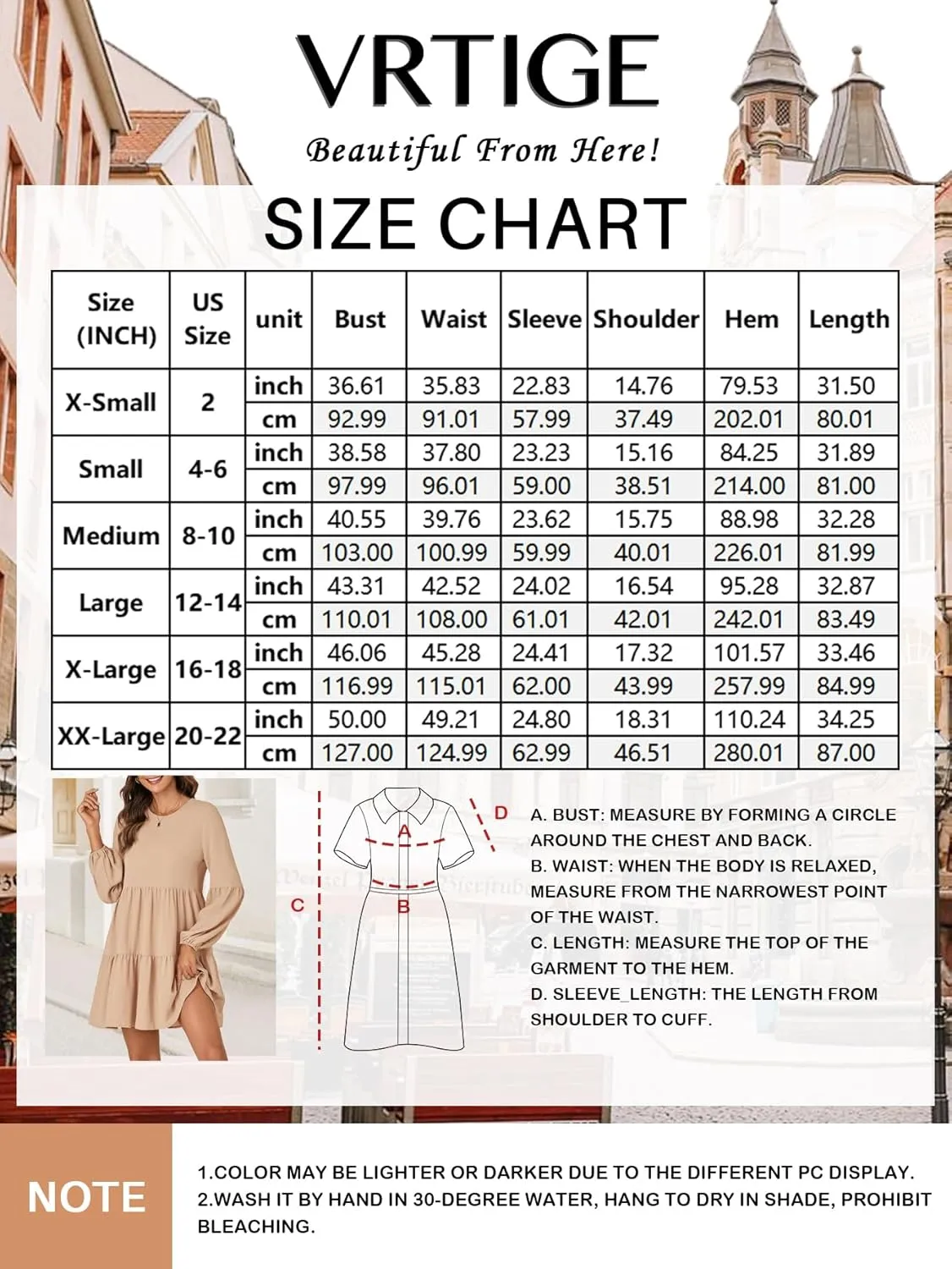 Vrtige Women's Round Neck Long Sleeve Tiered Ruffle Swing A Line Mini Babydoll Dress