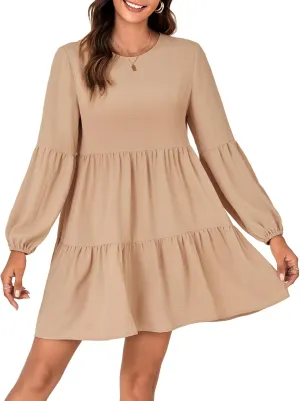 Vrtige Women's Round Neck Long Sleeve Tiered Ruffle Swing A Line Mini Babydoll Dress