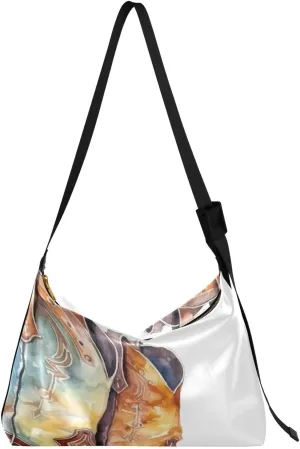 Watercolor Cowboy Boots Hobo Crossbody Bags for Women Leather Large Shoulder Bag Cross Body Western Trendy Womens Tote Bags Handbag for Travel Shopping
