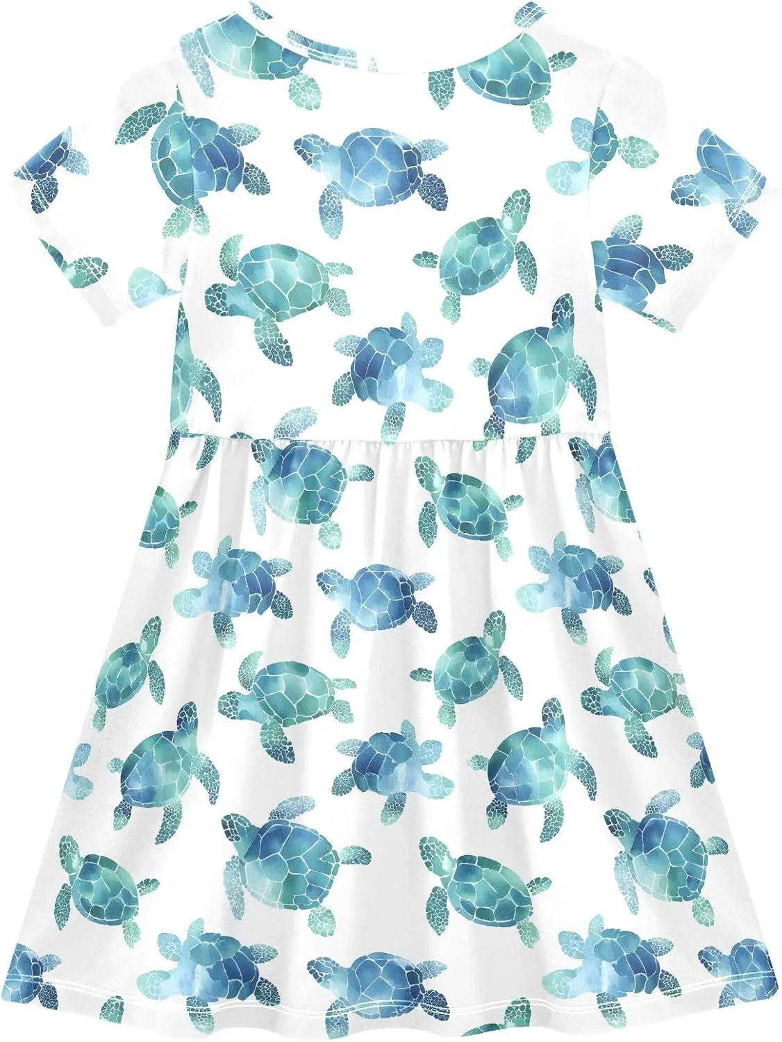 Watercolor Sea Turtle White Prints Summer Girls Short Sleeve Dress Casual Dresses Beach Sundress for 2-8 Years