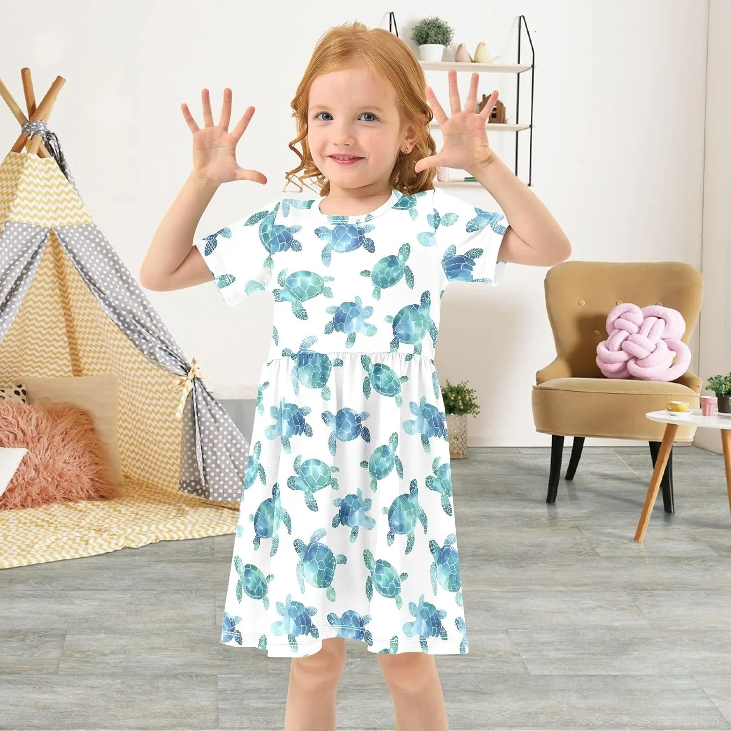 Watercolor Sea Turtle White Prints Summer Girls Short Sleeve Dress Casual Dresses Beach Sundress for 2-8 Years