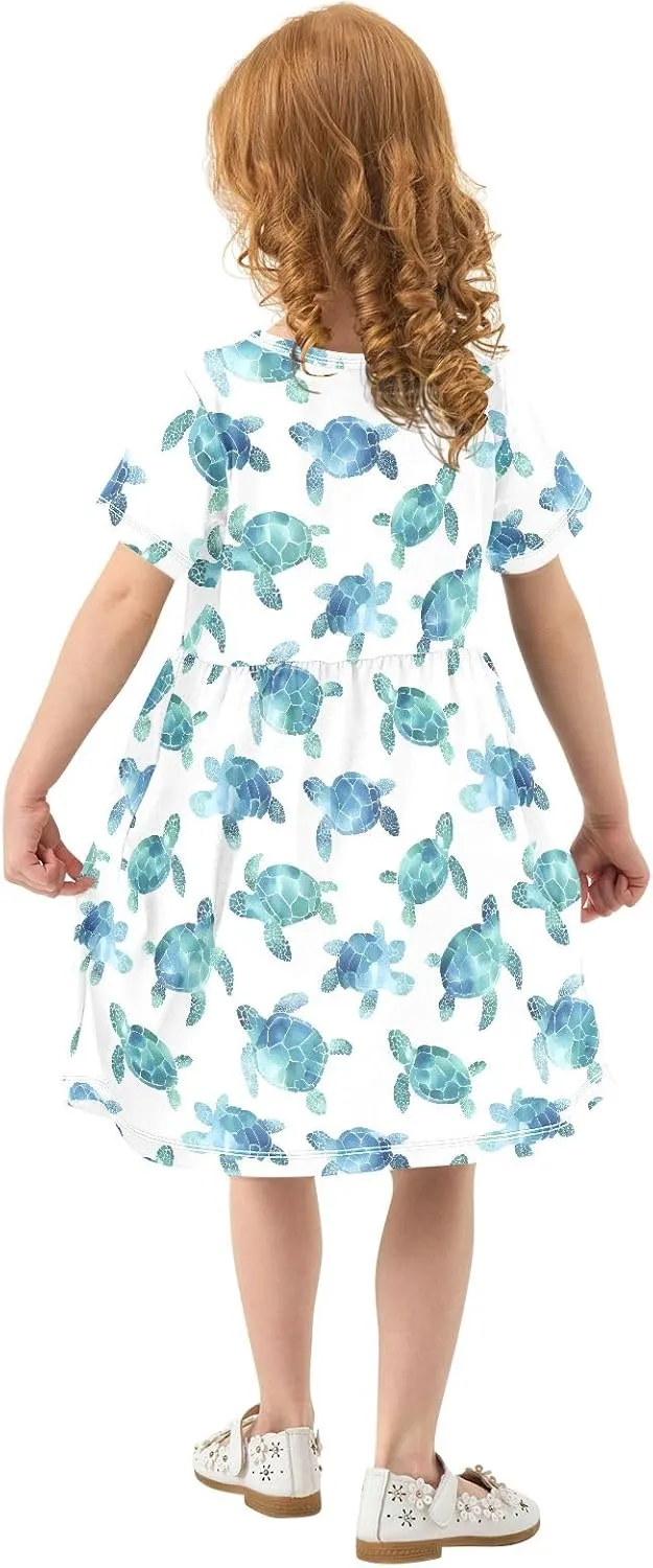 Watercolor Sea Turtle White Prints Summer Girls Short Sleeve Dress Casual Dresses Beach Sundress for 2-8 Years