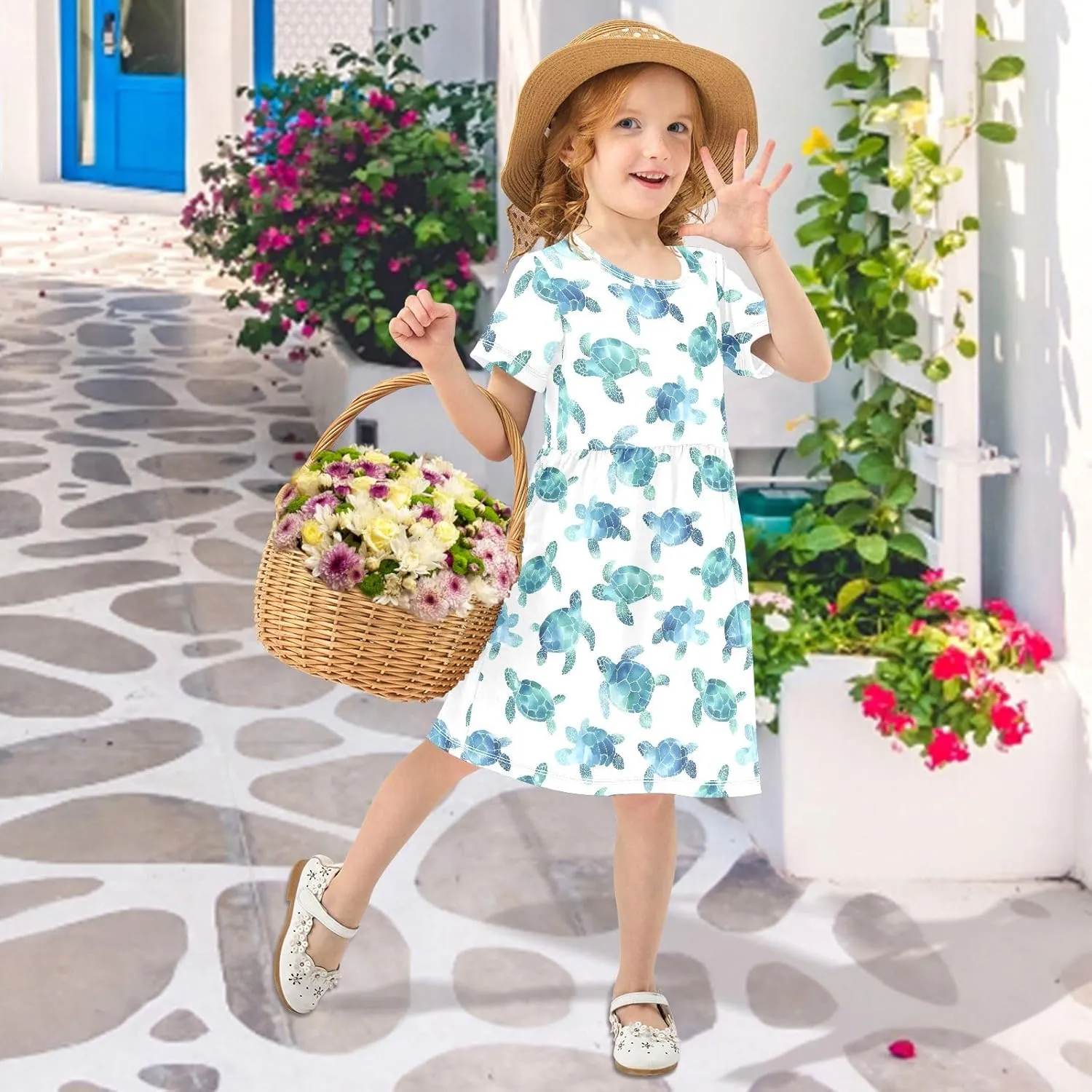 Watercolor Sea Turtle White Prints Summer Girls Short Sleeve Dress Casual Dresses Beach Sundress for 2-8 Years