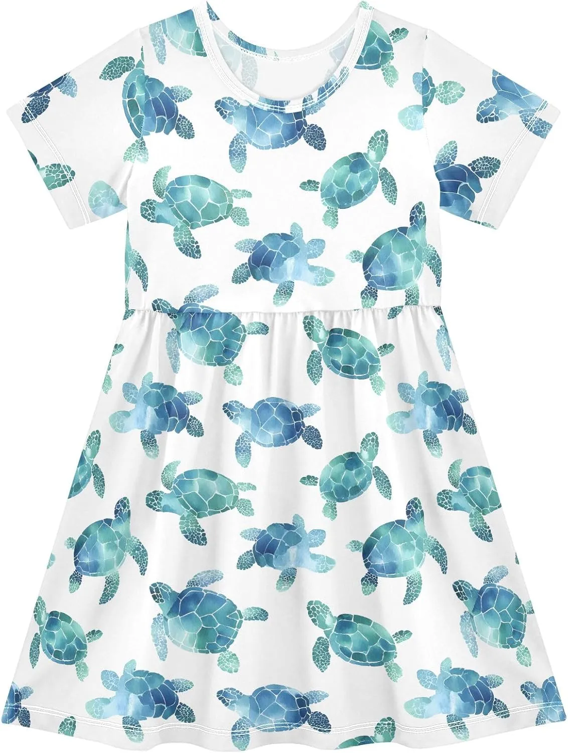 Watercolor Sea Turtle White Prints Summer Girls Short Sleeve Dress Casual Dresses Beach Sundress for 2-8 Years