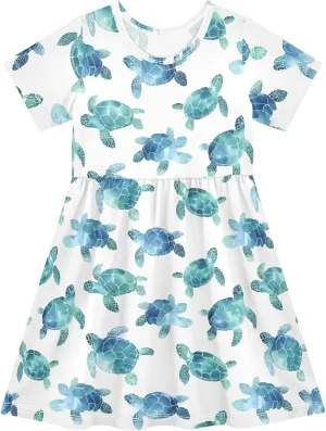 Watercolor Sea Turtle White Prints Summer Girls Short Sleeve Dress Casual Dresses Beach Sundress for 2-8 Years
