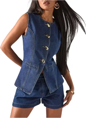 WDIRARA Women's Button Down Denim Vest Sleeveless Tank Top Jean Waistcoat with Metal Buckle