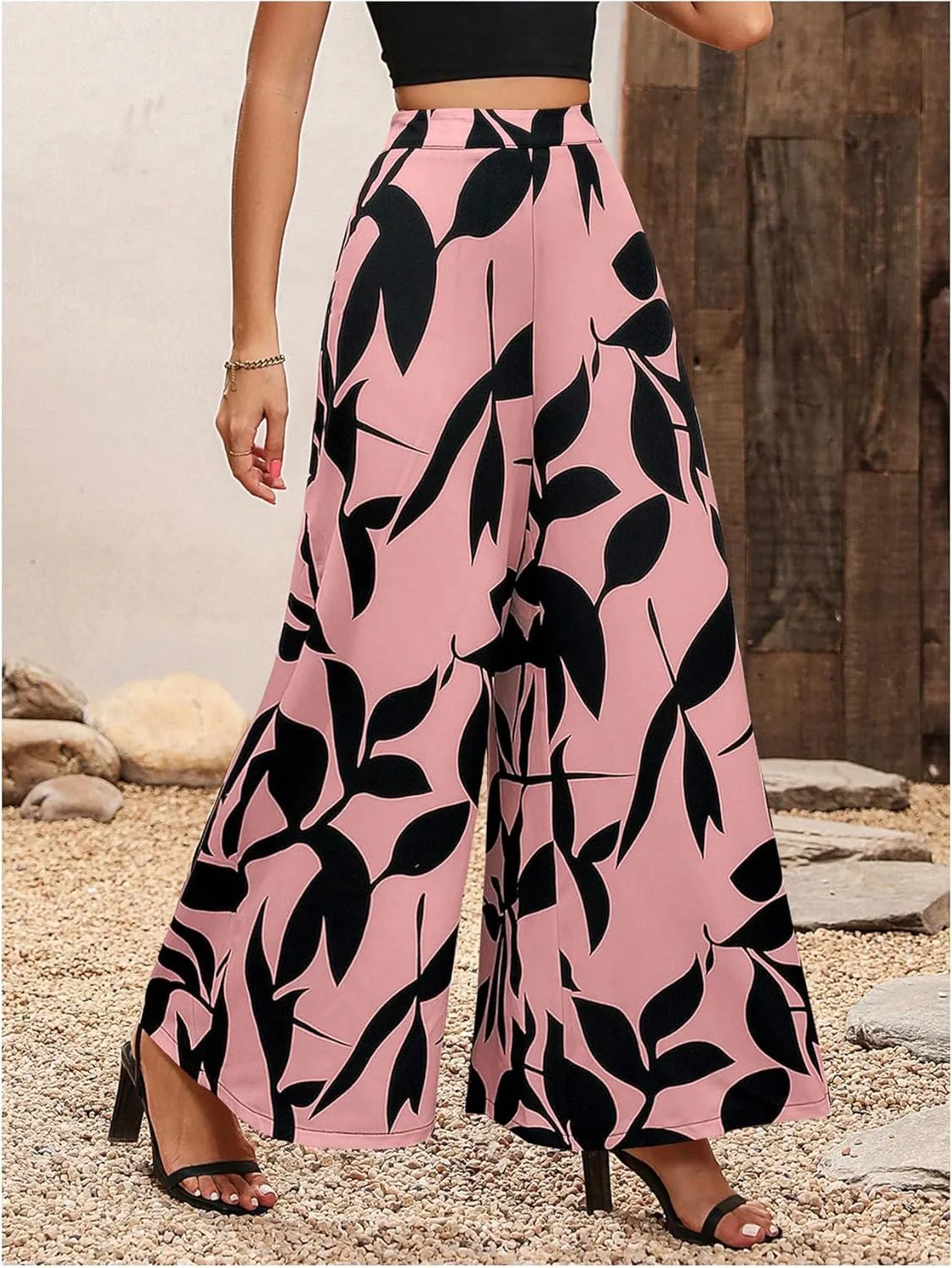 WDIRARA Women's Floral Print Boho Pants Elastic High Waist Wide Leg Loose Trousers