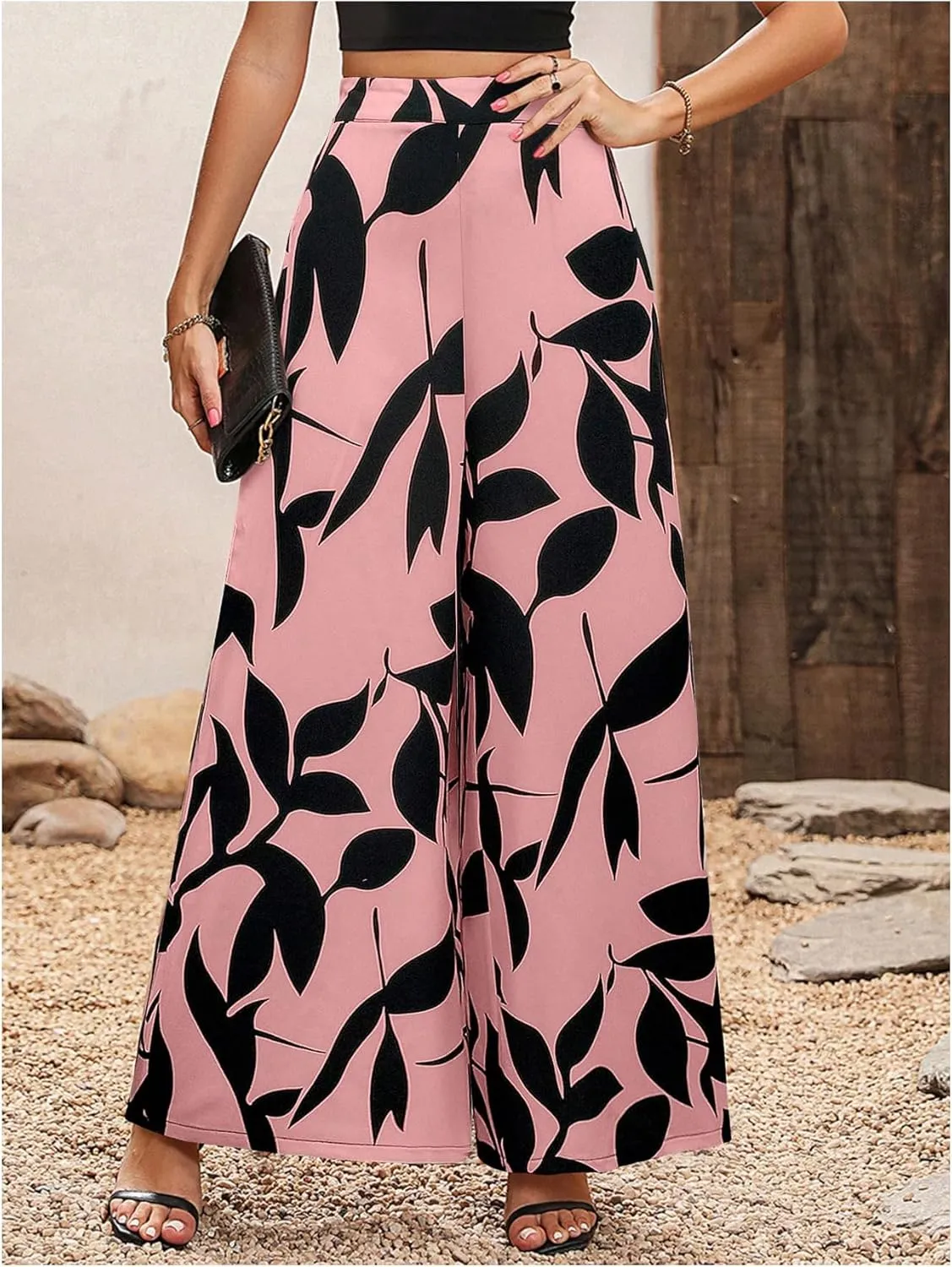 WDIRARA Women's Floral Print Boho Pants Elastic High Waist Wide Leg Loose Trousers