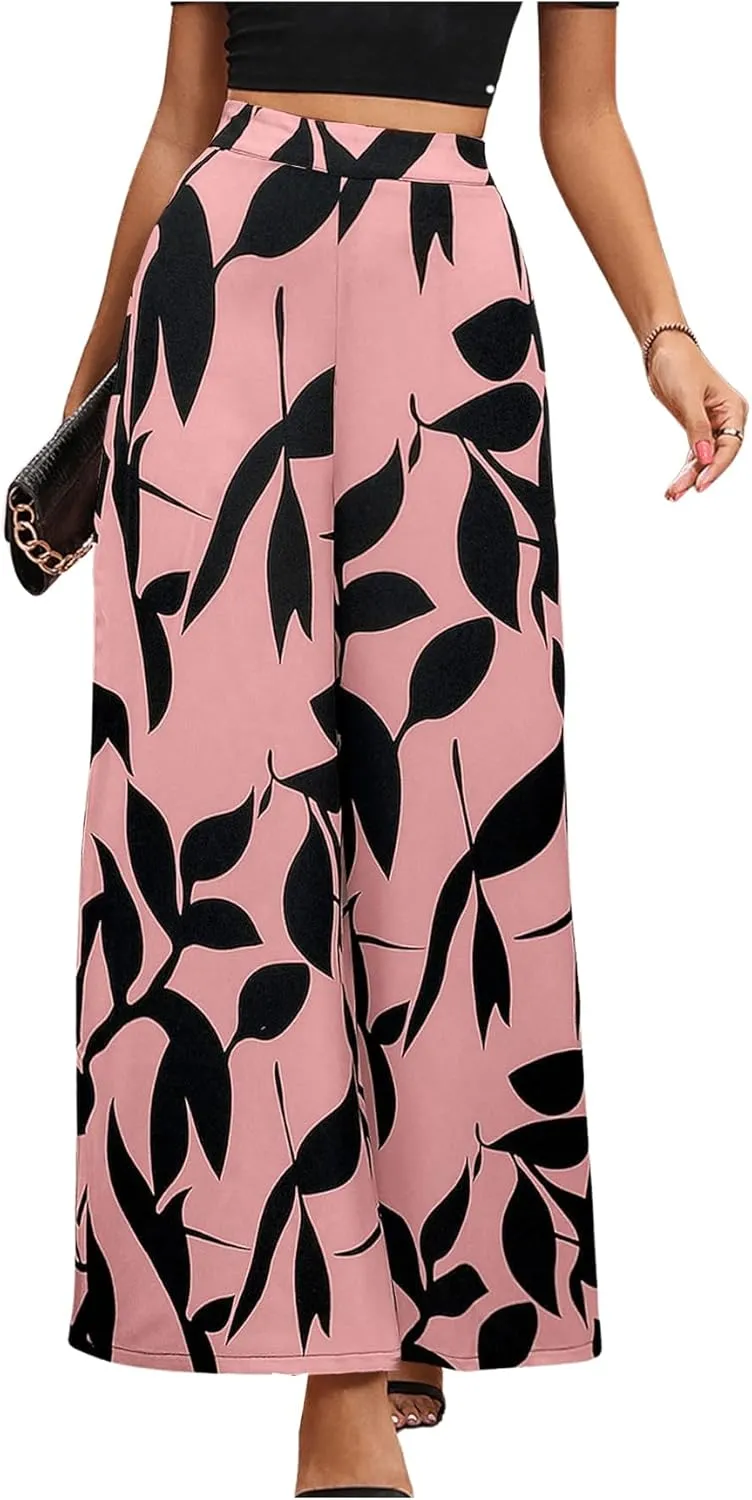 WDIRARA Women's Floral Print Boho Pants Elastic High Waist Wide Leg Loose Trousers