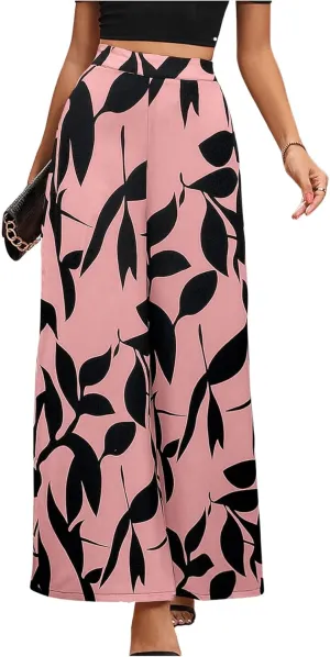 WDIRARA Women's Floral Print Boho Pants Elastic High Waist Wide Leg Loose Trousers