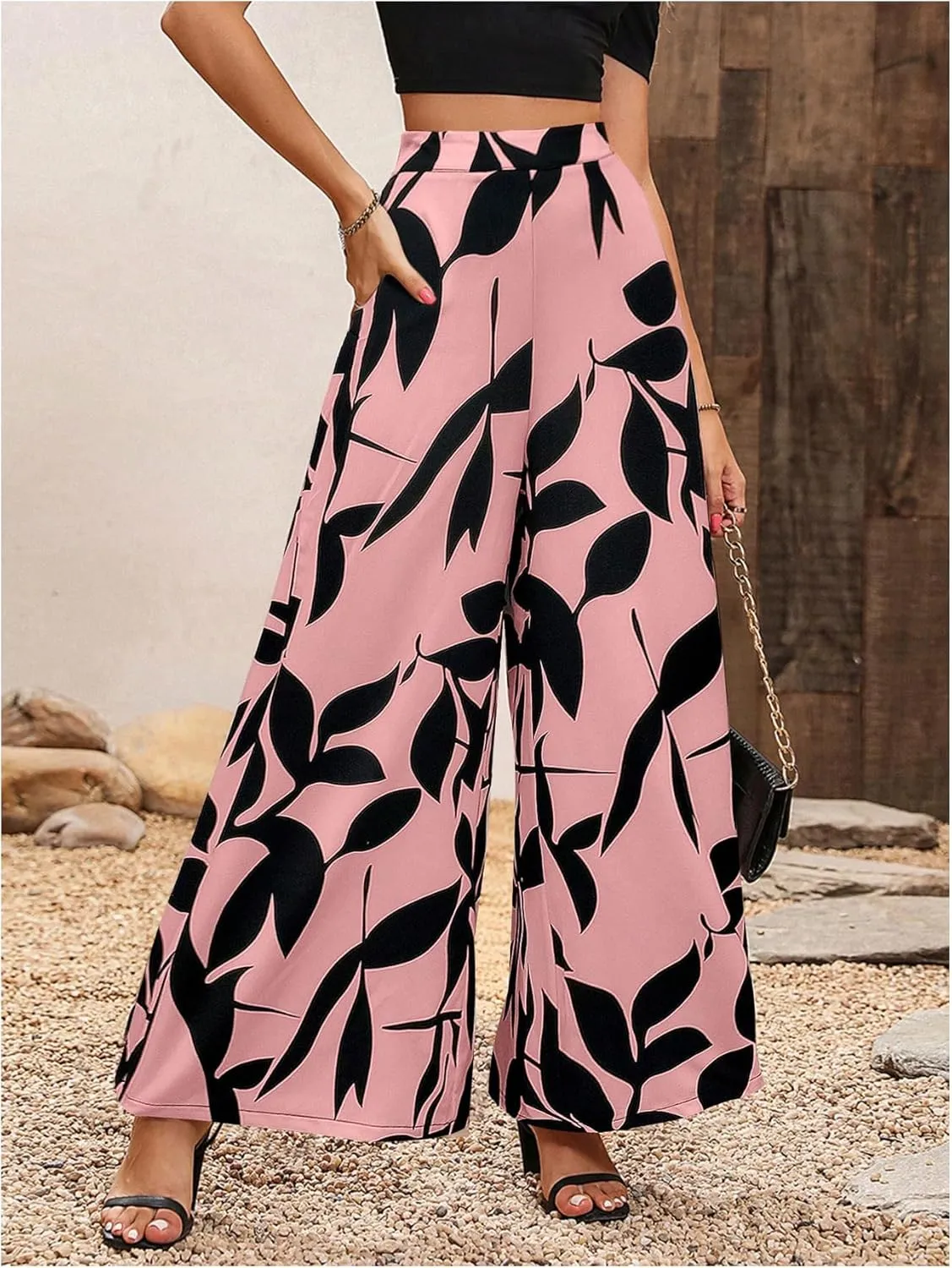 WDIRARA Women's Floral Print Boho Pants Elastic High Waist Wide Leg Loose Trousers