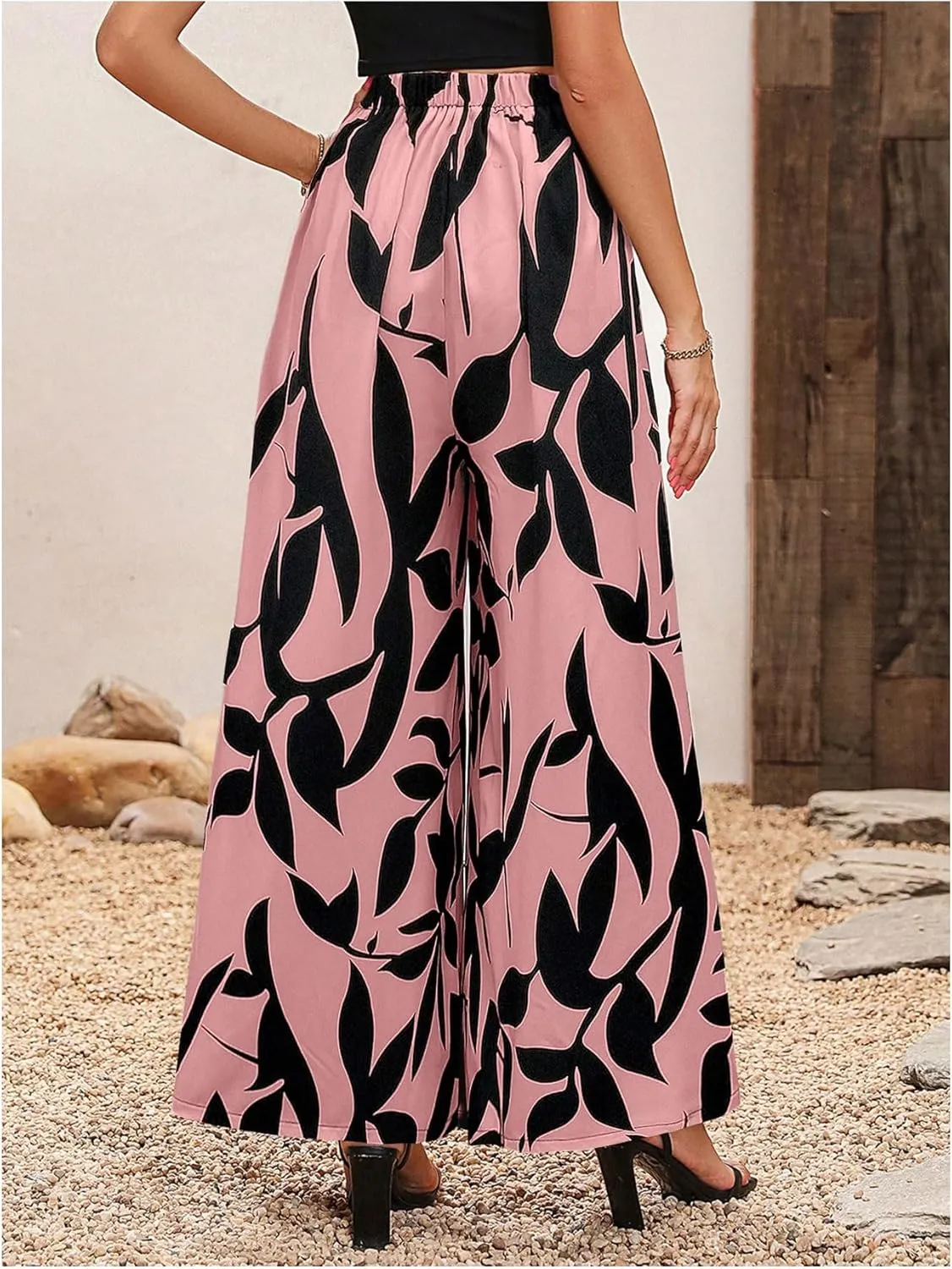 WDIRARA Women's Floral Print Boho Pants Elastic High Waist Wide Leg Loose Trousers