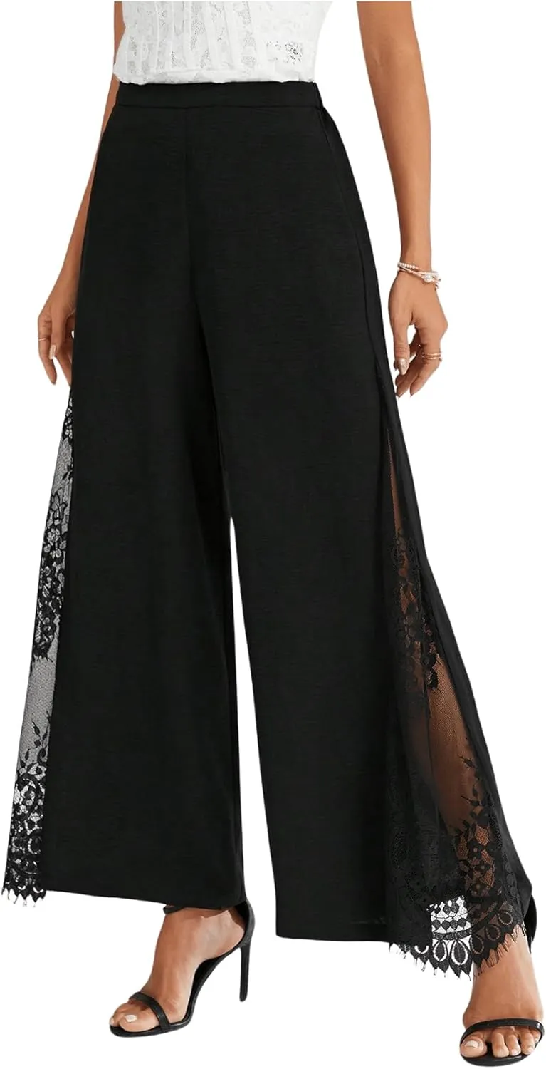 WDIRARA Women's Flowy Split Side Sheer Lace Wide Leg Flare Palazzo Pants